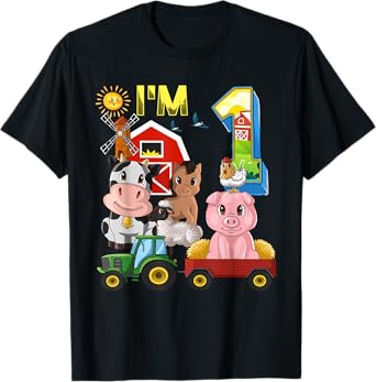 Farm Animals Barnyard Tractor 1st Birthday I'm 1 Year Old T-Shirt
