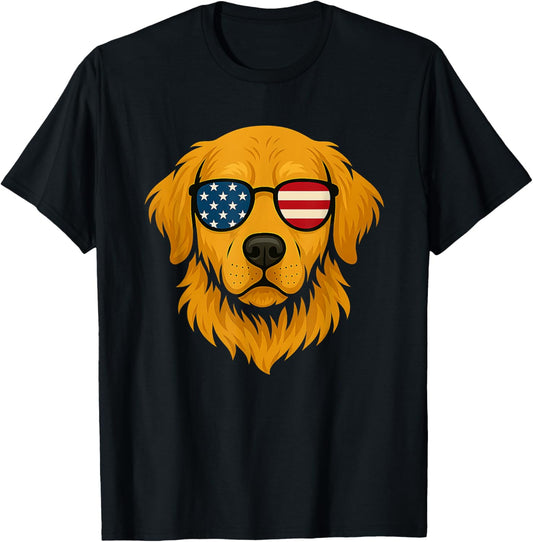 Patriotic Golden Retriever Dog USA Flag Sunglasses Design T-Shirt