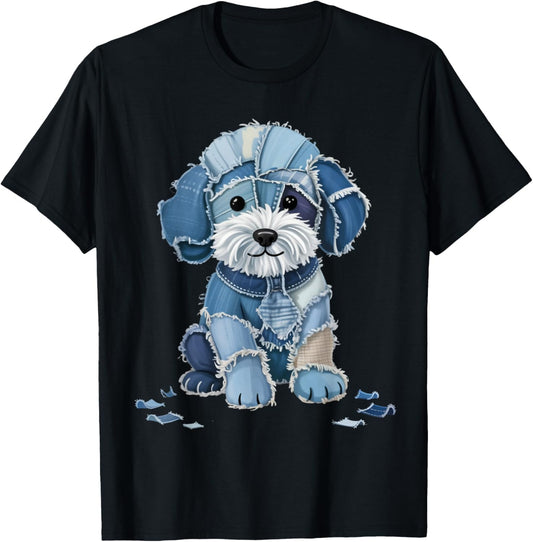 Retro Funny Denim Patch Animal Dog Print For Women’s Men T-Shirt