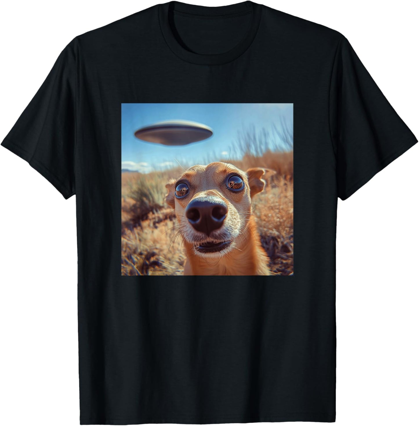 Dog Selfie with UFOs Weird Print Graphic Space Funny T-Shirt