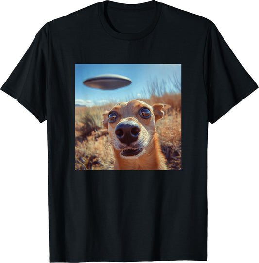 Dog Selfie with UFOs Weird Print Graphic Space Funny T-Shirt