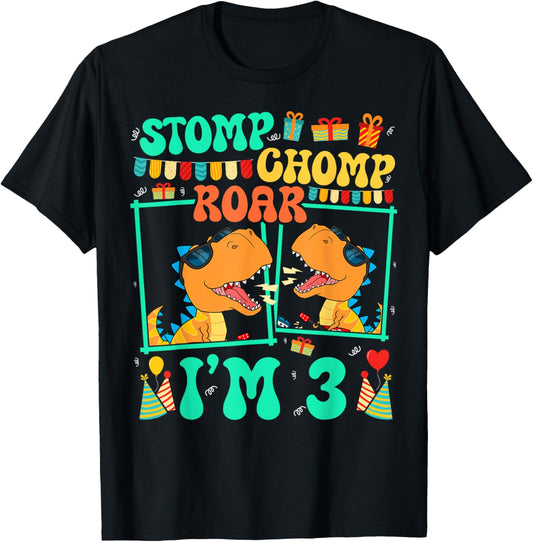 Stomp Chomp Roar I'm 3 Guitar Dinosaur Kid 3rd Birthday T-Shirt