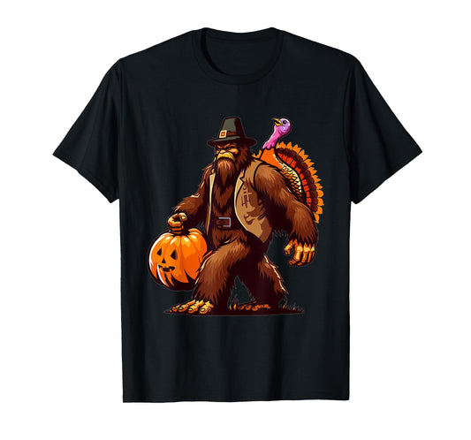 Bigfoot Pilgrim Turkey Pumpkin Thanksgiving Day T-Shirt