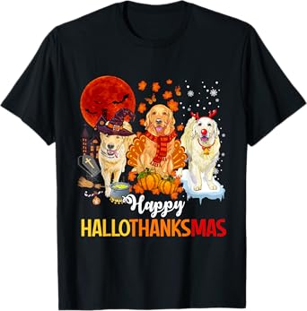 Golden Retriever Happy Hallothanksmas Halloween Thanksgiving T-Shirt