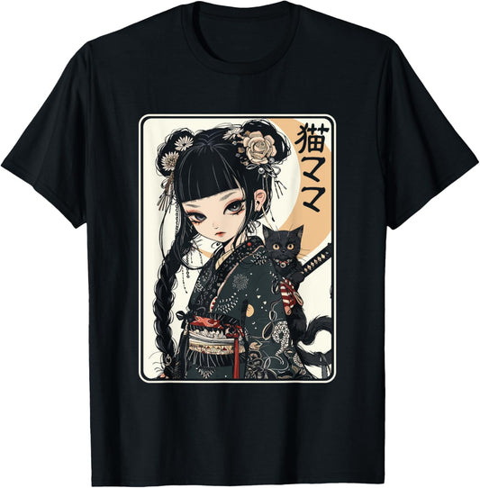 Japanese Gothic Kawaii Anime Samurai Cat Mom Woman Girls T-Shirt