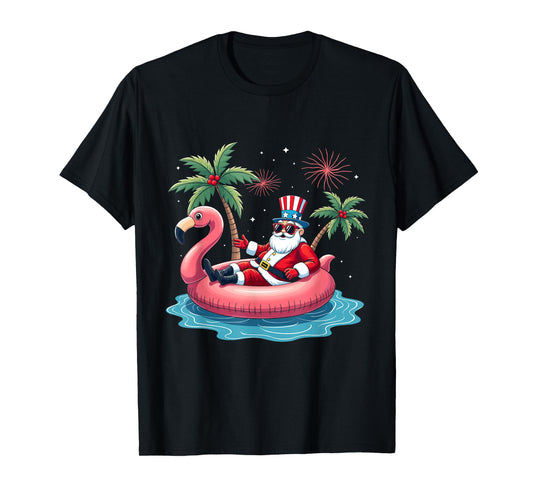 Santa Flamingo Pool Float Summer Christmas 4th of July Xmas T-Shirt