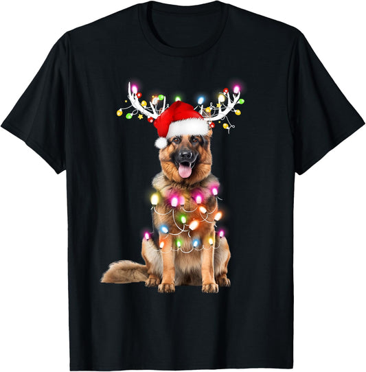 German shepherd Santa Christmas Tree Lights Xmas Boys Kids T-Shirt