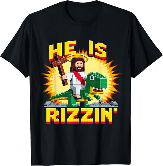 He Is Rizzen Jesus Has Rizzen Retro Christian Pixel Dinosaur T-Shirt