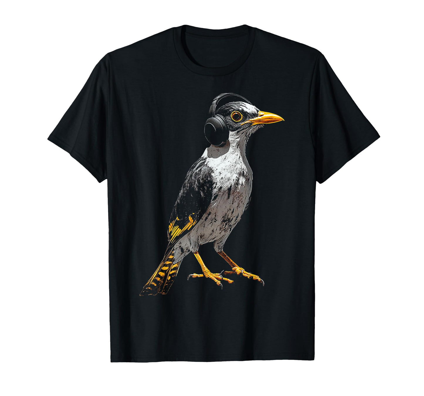 Myna Bird Motif Animal Illustration Music Headphone Myna T-Shirt