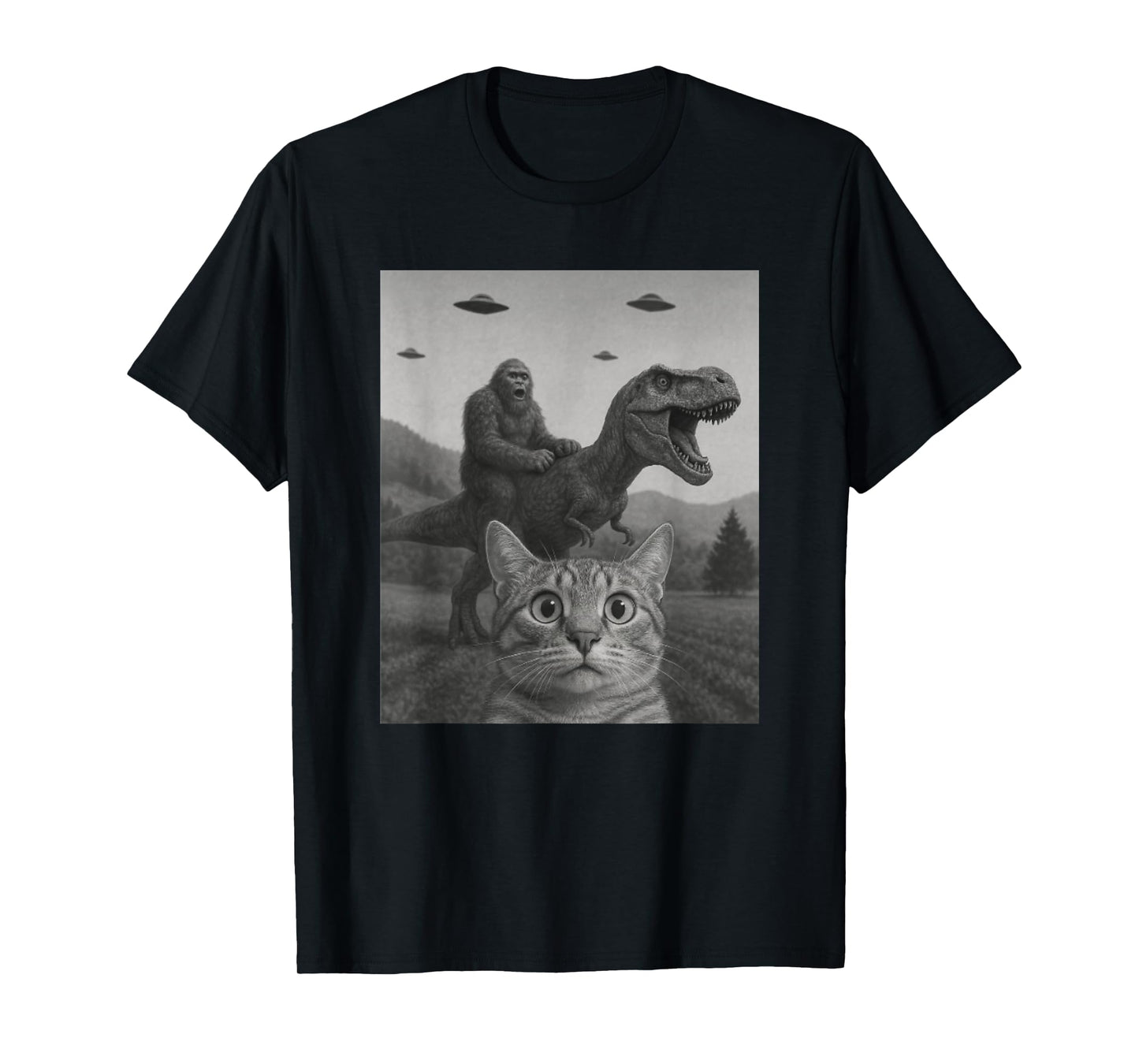 Cat Selfie with Bigfoot Riding T-rex Dinosaur Alien UFO T-Shirt