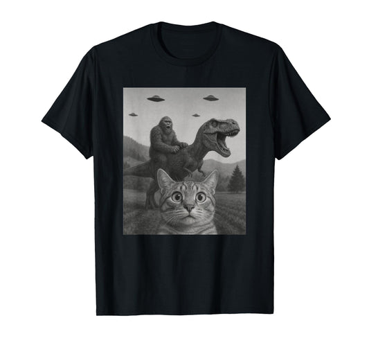 Cat Selfie with Bigfoot Riding T-rex Dinosaur Alien UFO T-Shirt