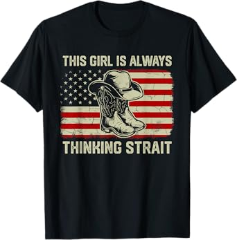 This Girl Is Always Thinking Strait US Flag Cowgirl Western T-Shirt