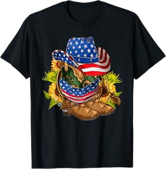 Retro Cowboy Cowgirl Boots & Hat USA Flag 4th Of July Boys T-Shirt