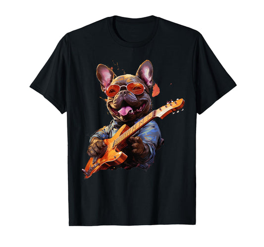 Funny Rock French Bulldog Playing Guitar T-Shirt for Men Women Girls Kids
