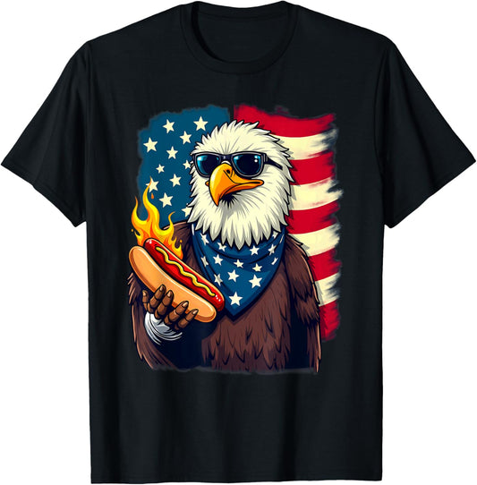 Humor American Flag Bald Eagle With Hotdog T-Shirt