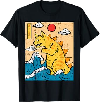 Cat Catzilla Funny Japanese Wave Art Men Women Kids T-Shirt