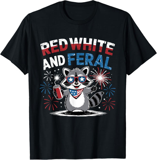 Red White And Feral Raccoon & Hot Dog 4th Of July Usa Kids T-Shirt