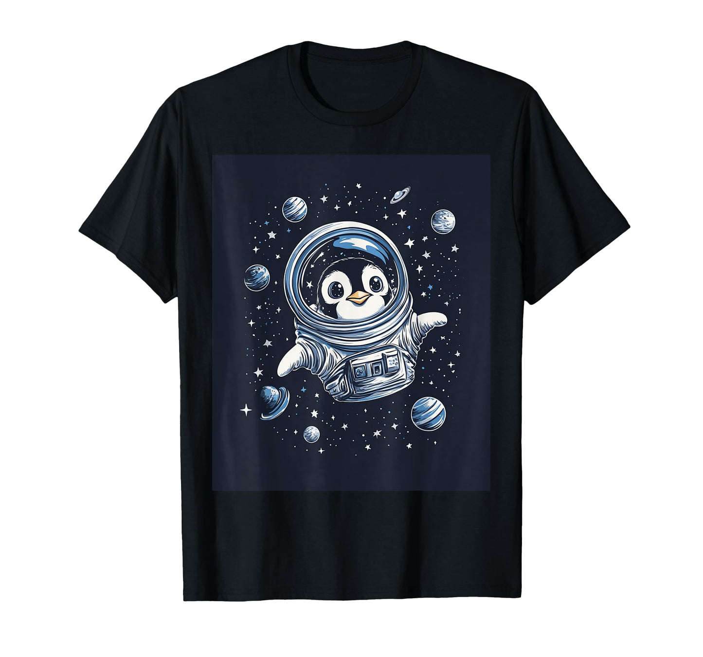 Cute Penguin in Space Floating Among Stars Apparel T-Shirt