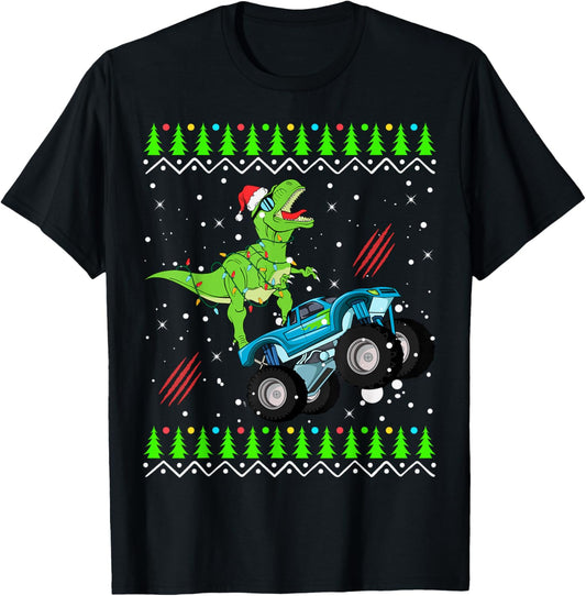 T Rex Monster Trucks Boys Men Santa Saurus Christmas Sweater T-Shirt