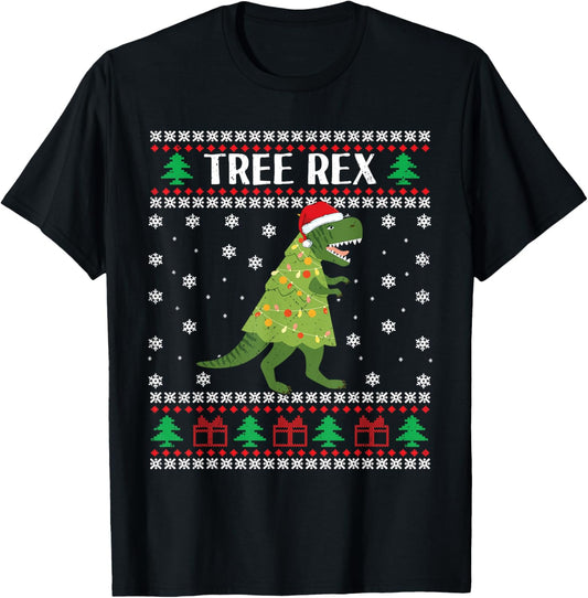 Christmas Dinosaur Tree Rex Pajamas Men Ugly Xmas Lights T-Shirt