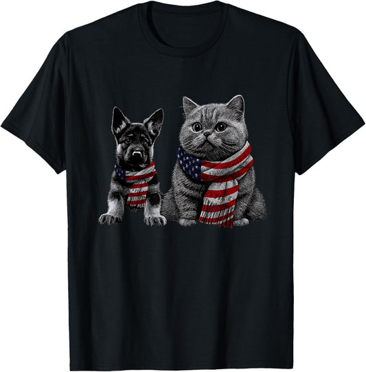 Dog n Cat Best Friend Red and Blue Merica Dad Mom Cat Dog T-Shirt