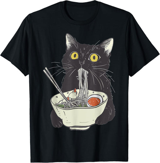 Japanese Cat Funny Cat Eating Ramen Vintage Japanese Noodles T-Shirt