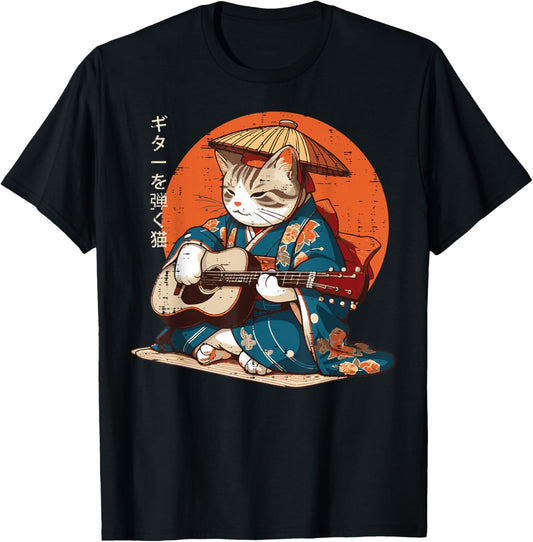 Japanese Cat Kimono Guitar Samurai Music Men Boys Kids Women T-Shirt