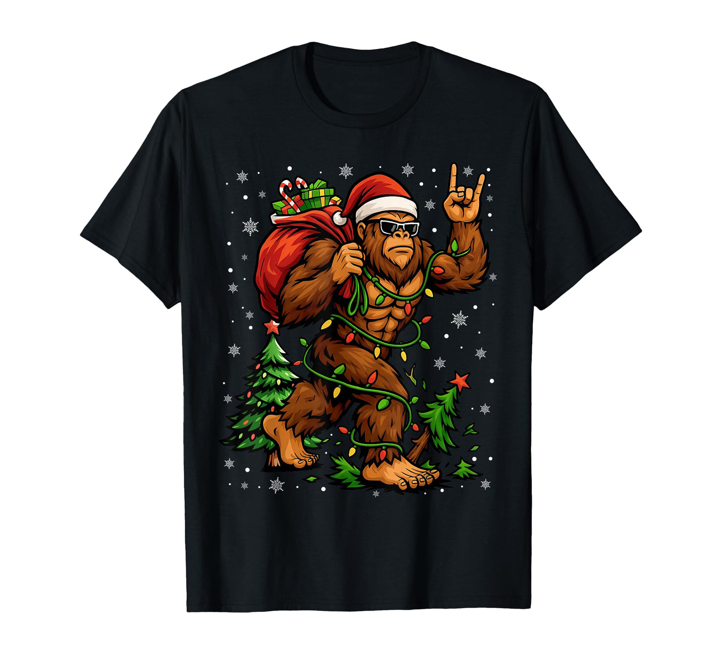 Santa Bigfoot Christmas Tree Xmas Lights Funny Sasquatch Men T-Shirt