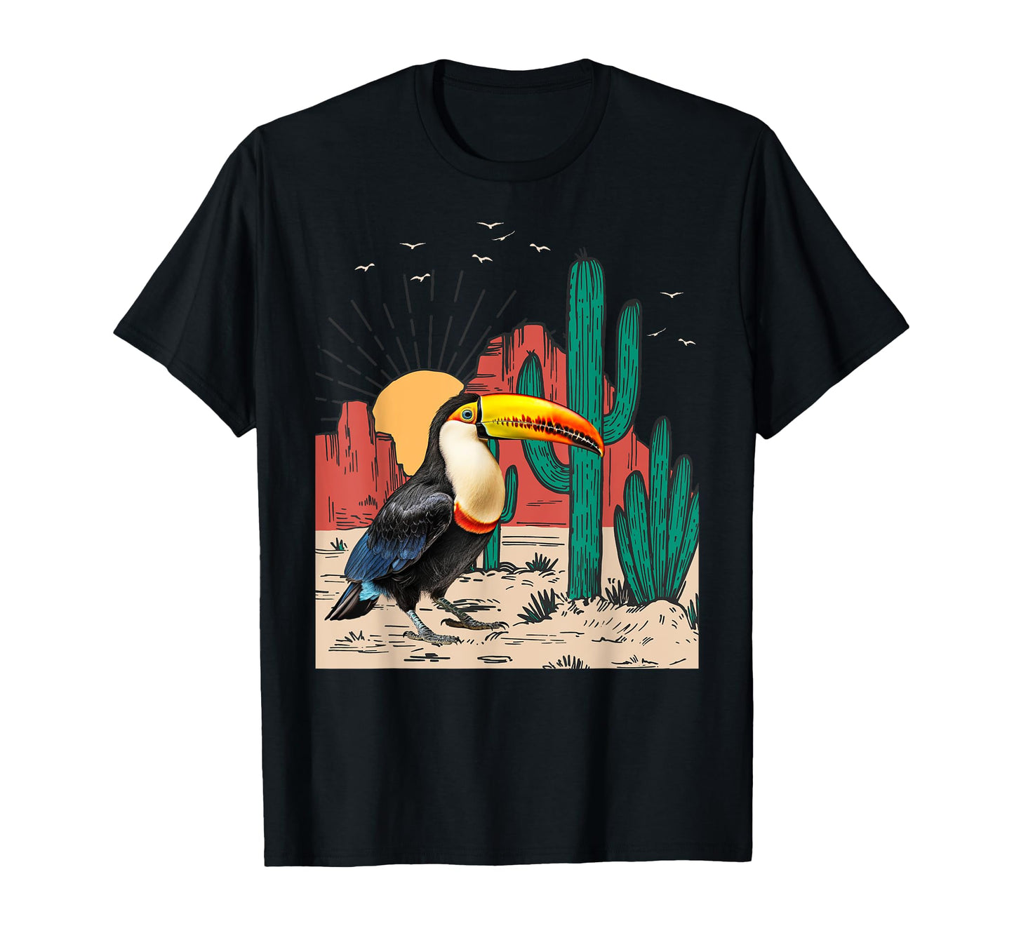 Toucans Birds Vintage Sunset Mountain Cactus Desert Toucan T-Shirt