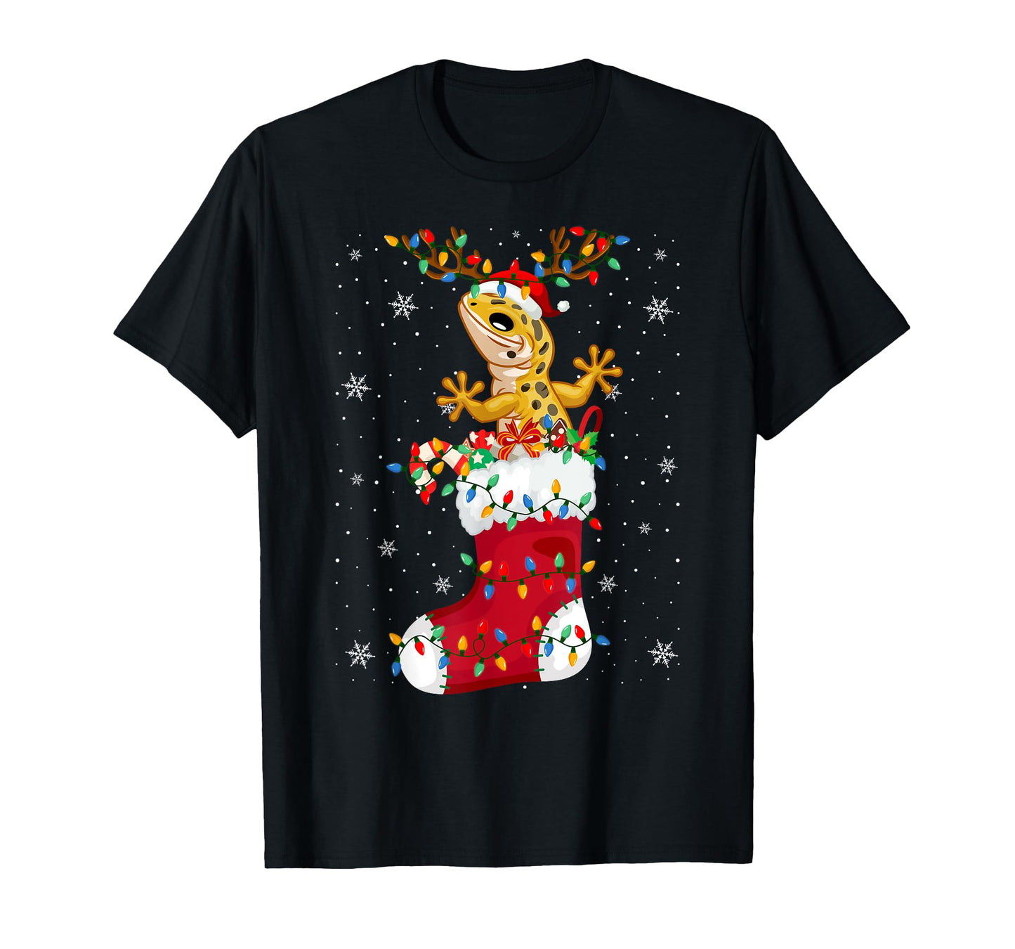 Santa Hat Leopard Gecko Animal In Socks Xmas Tree Lights T-Shirt