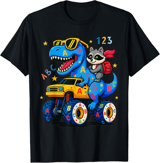 Monnster Truck Raccoon Riding Dino Back to School Funny ABC T-Shirt
