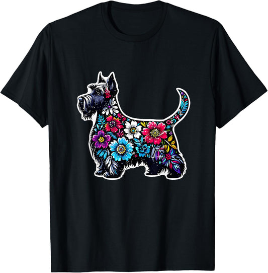 Scottish Terrier Floral Dog Mom Lover Vintage Distressed T-Shirt