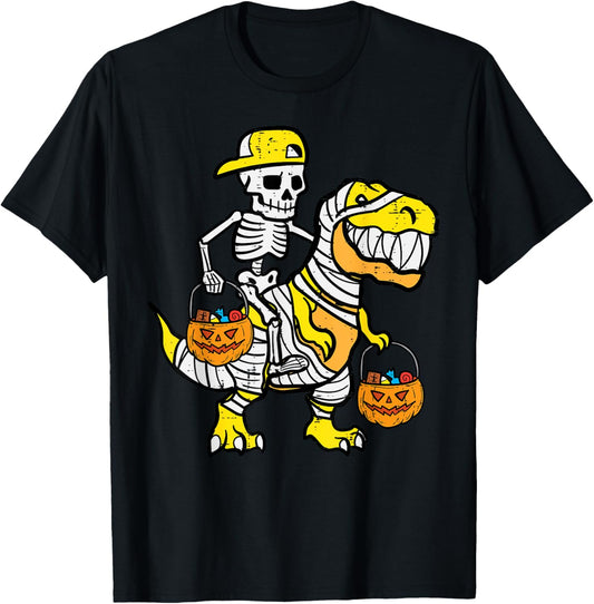 Skeleton Yellow Cap Dino Toddler Boys Halloween Kids Teen T-Shirt