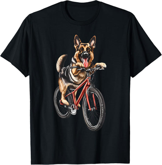 Retro German Shepherd Dog Riding Bike Cycling Bicycle Lover T-Shirt