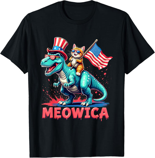 Cat Riding Dinosaur 4th Of July Meowica American Flag Men Women T-Shirt