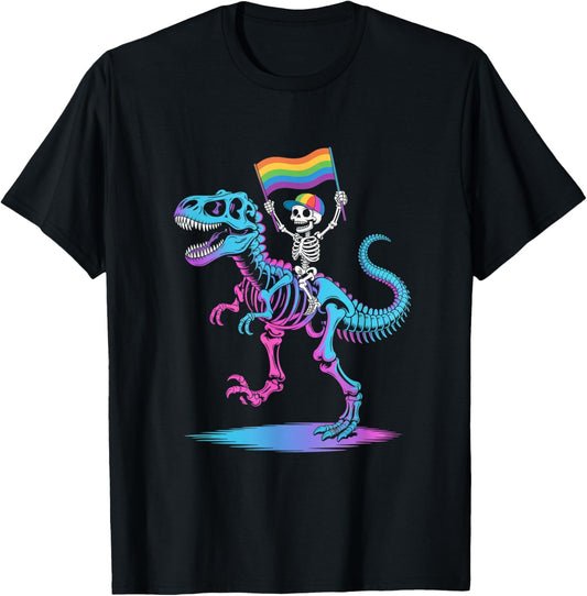 Skeleton Riding Dinosaur T Rex Halloween Glow Vibe Design T-Shirt