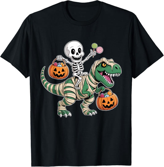 Skeleton Riding Mummy Dinosaur T rex Halloween Funny Pumpkin T-Shirt