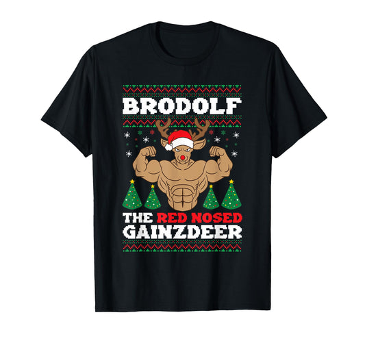 Brodolf Funny Christmas Buff Reindeer Gym Bodybuilding Xmas T-Shirt