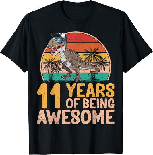 Retro 11 Years Of Being Awesome Dinosaur T-Rex 11th Birthday T-Shirt