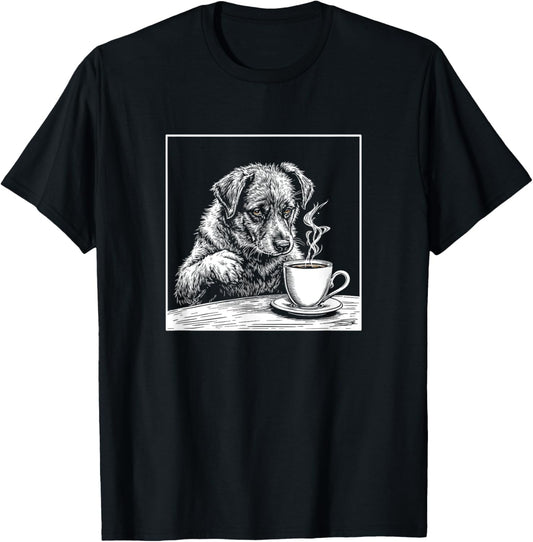Cute Dog Illustration Drinking Coffee Looking Guilty T-Shirt
