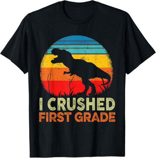 I Crushed 1st Grade Dinosaur Sunset Retro Graduation T-Shirt