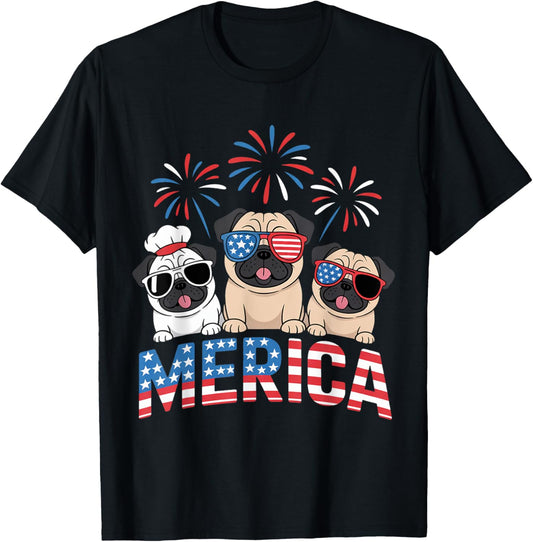 Pug Sunglasses 4th of July Merica USA Flag Dog Lover T-Shirt