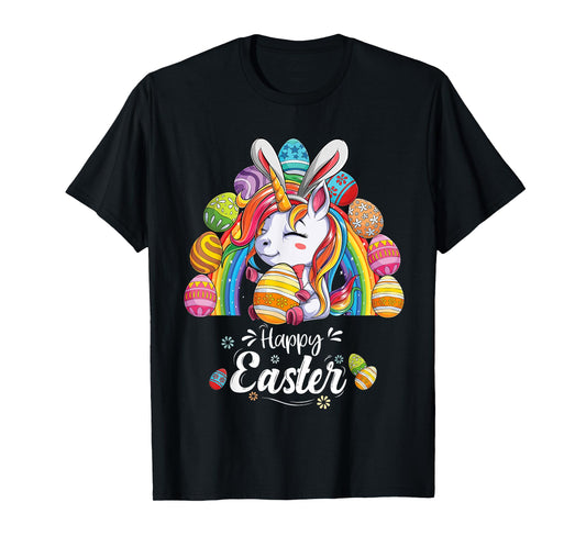 Unicorn Happy Easter Day bunny Rainbow egg Girls Kids T-Shirt