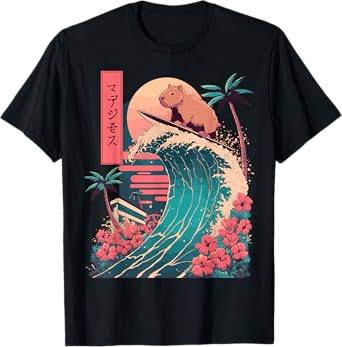 Japanese Capybara Surfing Wave Great Wave Japan T-Shirt