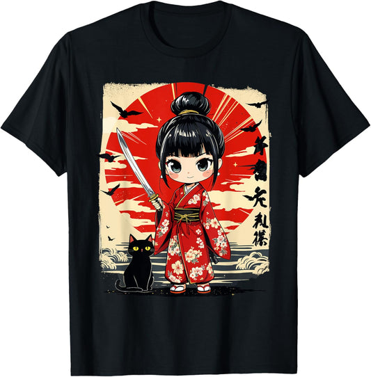 Cute Kawaii Samurai Girl and Cat Japanese Anime Kids Girls T-Shirt