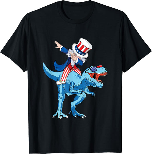 Funny Dabbing Uncle Sam Riding Dinosaur T Rex 4th of July T-Shirt