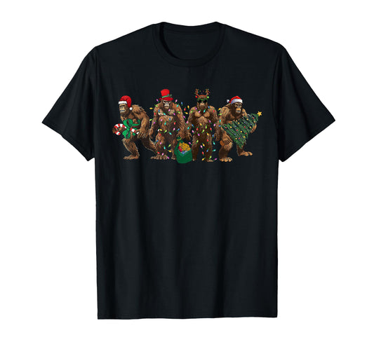 Santa Bigfoot Christmas Tree Xmas Lights Funny Sasquatch T-Shirt