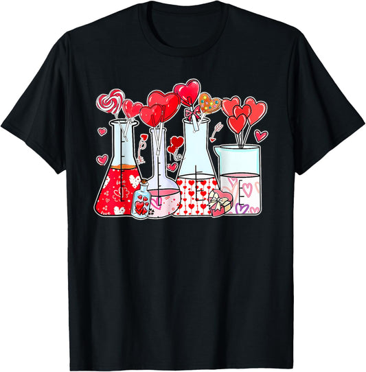 Beaker Test Tube Heart Laboratory Valentines Science Teacher T-Shirt
