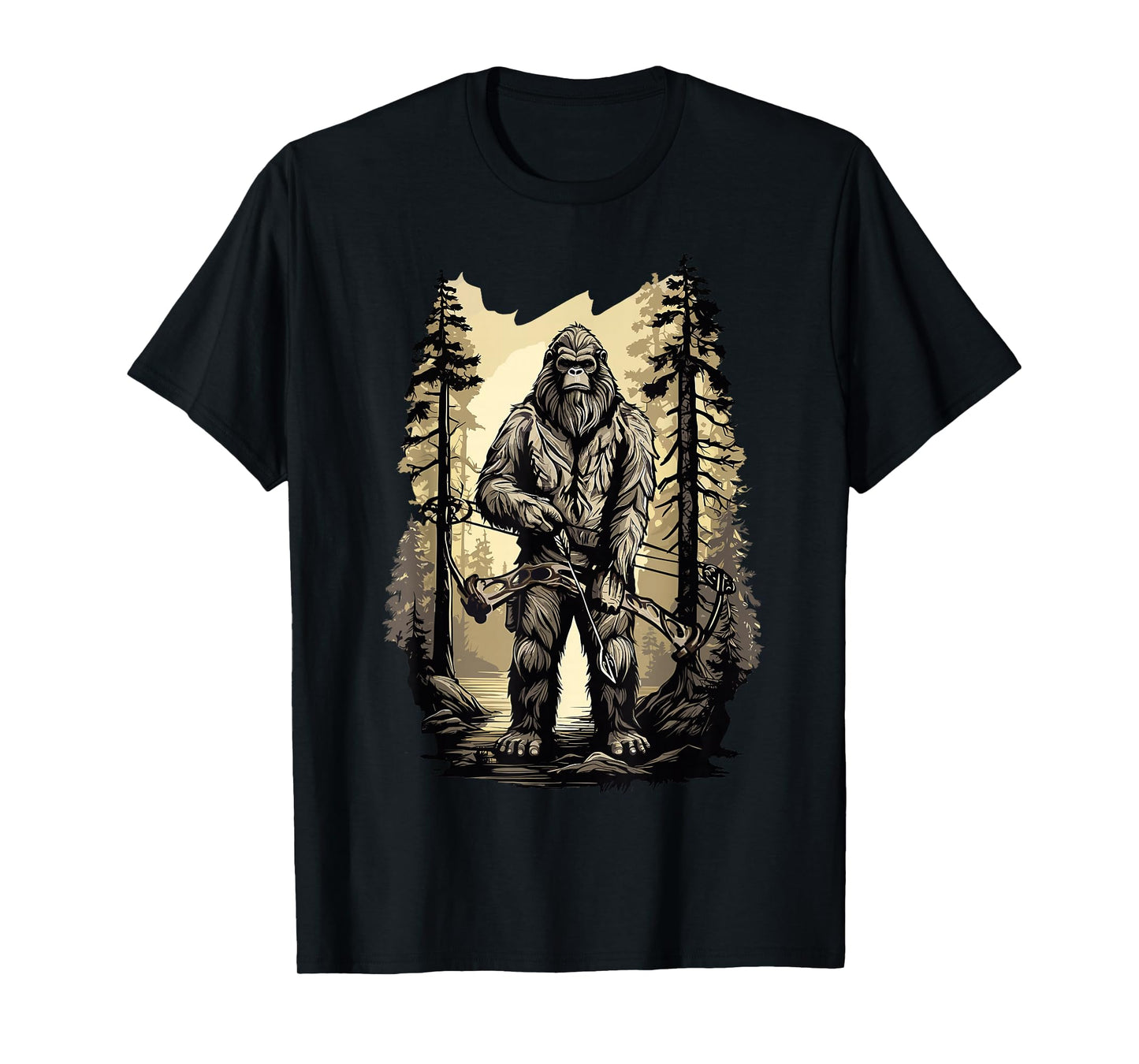 Bow Hunting Bigfoot, Funny Bow Hunting Sasquatch T-Shirt, Black, Unisex-Adults, Small, Short Sleeve, Classic Fit, Cotton, Polyester