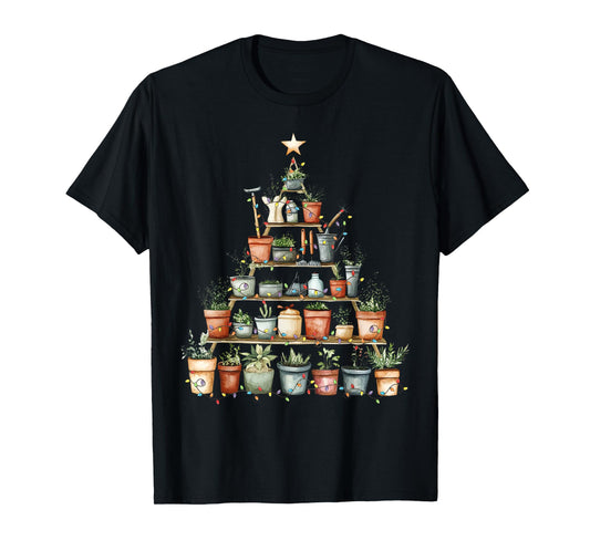 Potted Plant Christmas Tree Lights Gardening Gardener Xmas T-Shirt